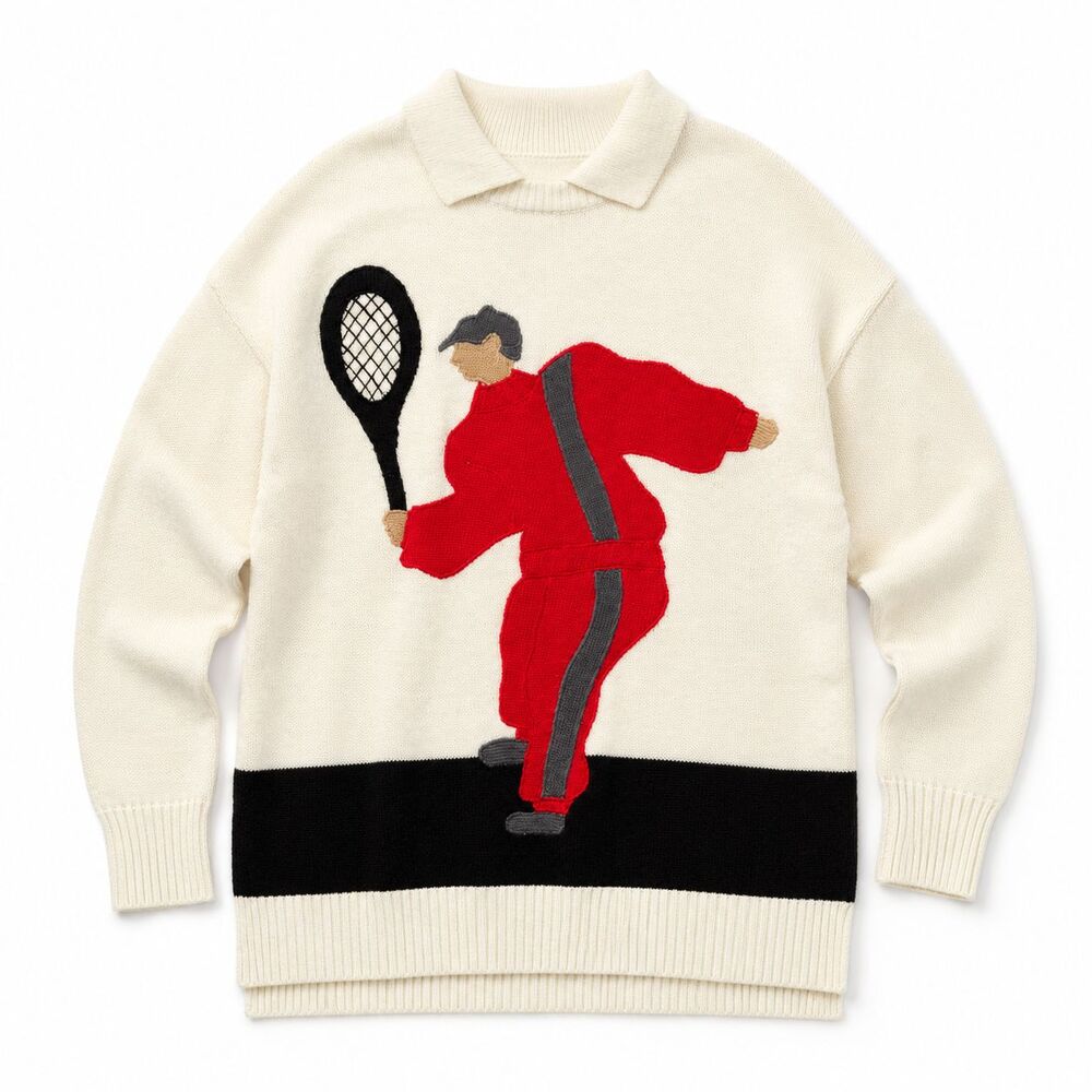 Vintage Adolfo Men's Tennis Sweater Size Large Acrylic Wool Collared Applique